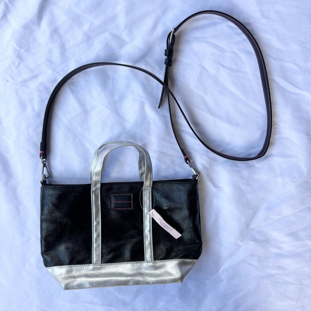NWT Victoria's Secret Small Crossbody Tote Metallic Silver & Black